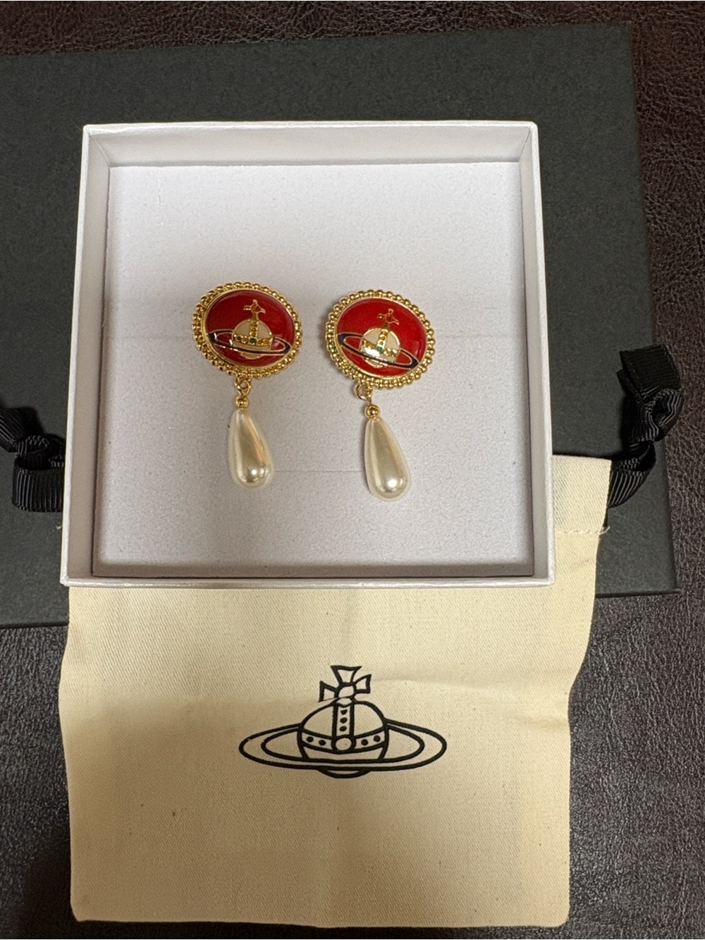 Vivienne Westwood Gold-Tone Red Enamel Drop Pearl Earrings